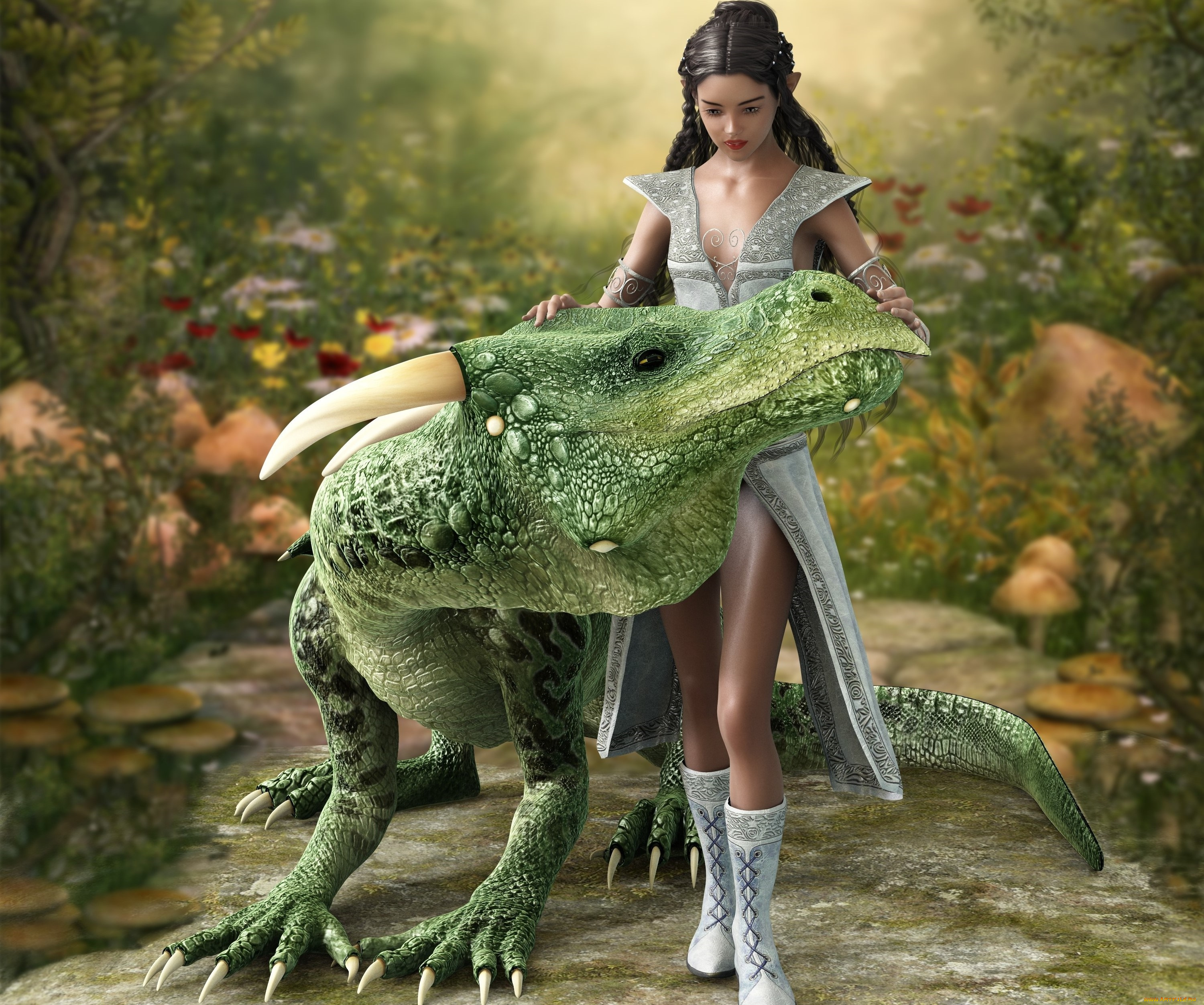 3д, графика, эльфы, , elves, фон, взгляд, девушка, дракон