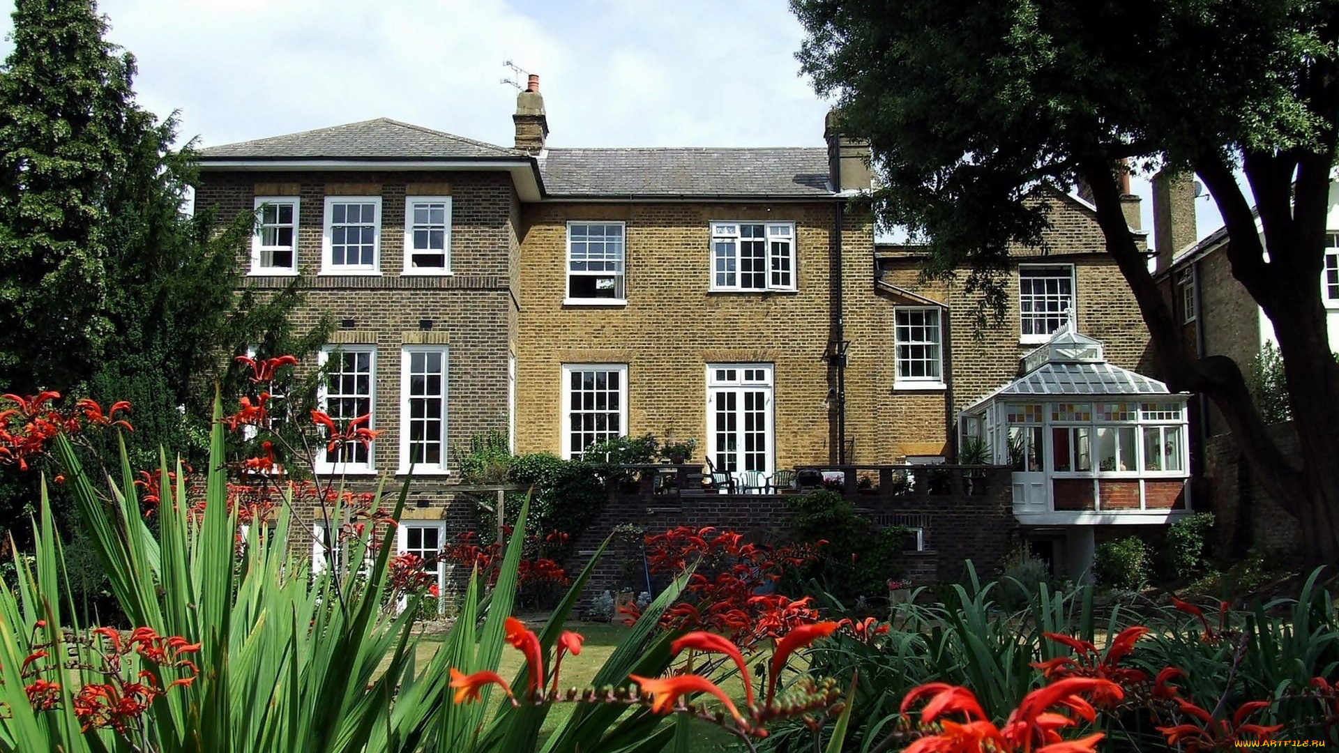 города, -, здания, , дома, дом, веранда, деревья, цветы