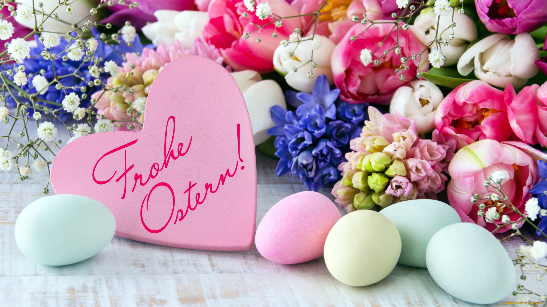 праздничные, пасха, гиацинты, надпись, тюльпаны, крашенки, пожелание