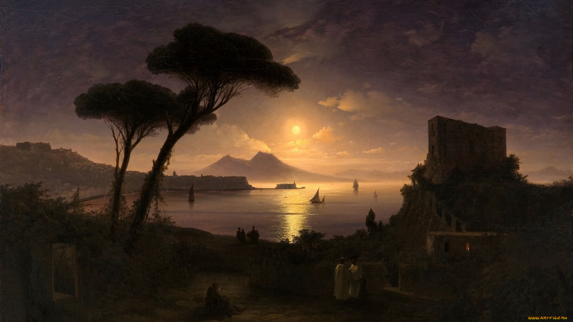 рисованное, иван, айвазовский, айвазовский, лунная, ночь, корабли