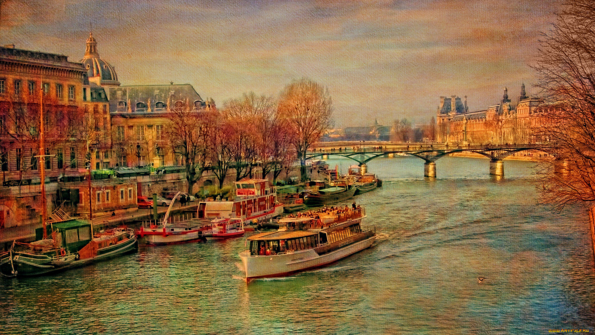 рисованное, живопись, холст, корабль, мост, сена, франция, париж, деревья, осень, дворец, река