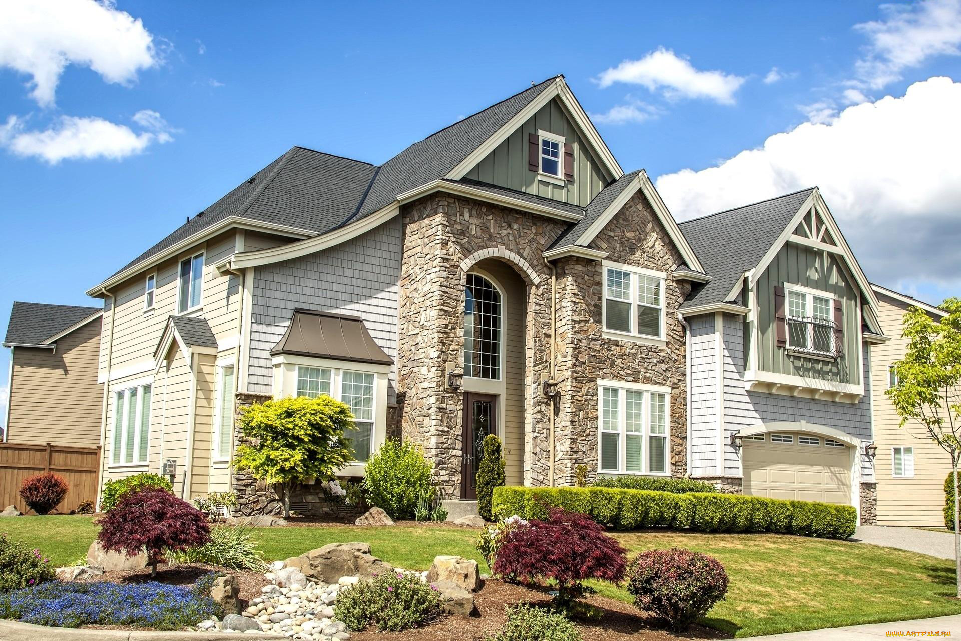 города, -, здания, , дома, дом, кусты