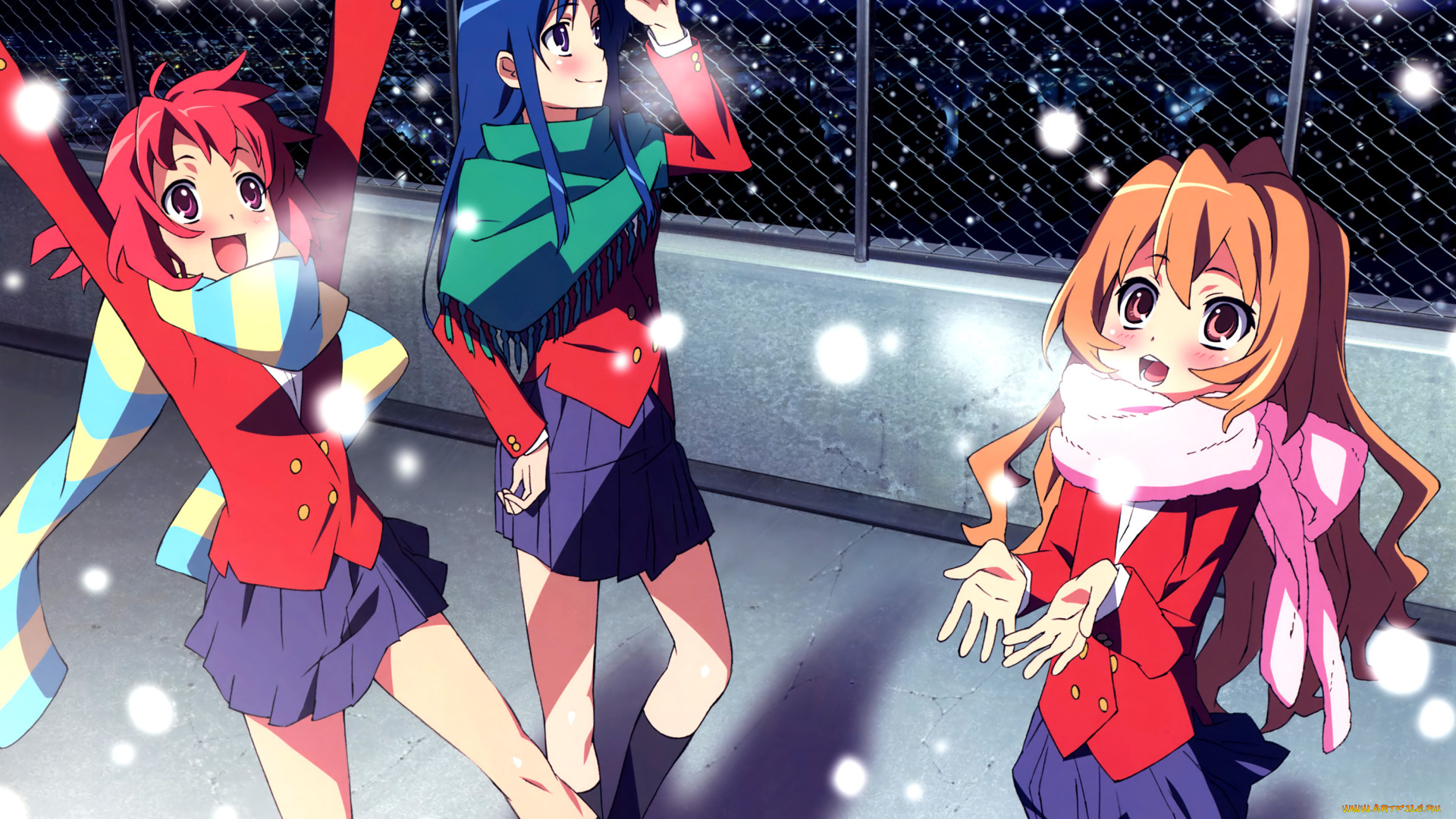 аниме, toradora, снег, радость, форма, шарфы, девушки