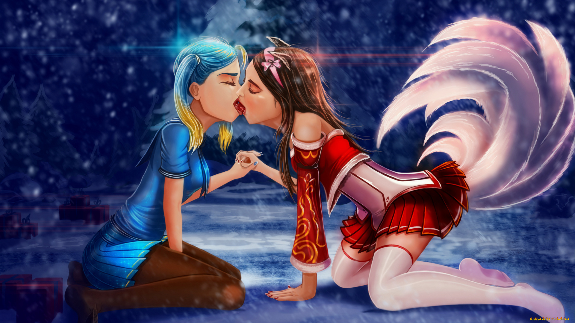 аниме, животные, , существа, поцелуй, фон, девушки