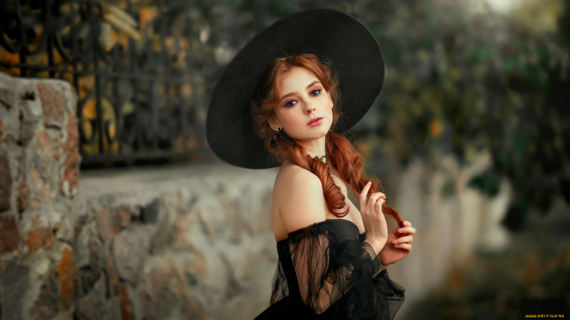 девушки, -unsort, , рыжеволосые, и, другие, рыжая, hat, women, черное, платье, outdoors, redhead, шляпа