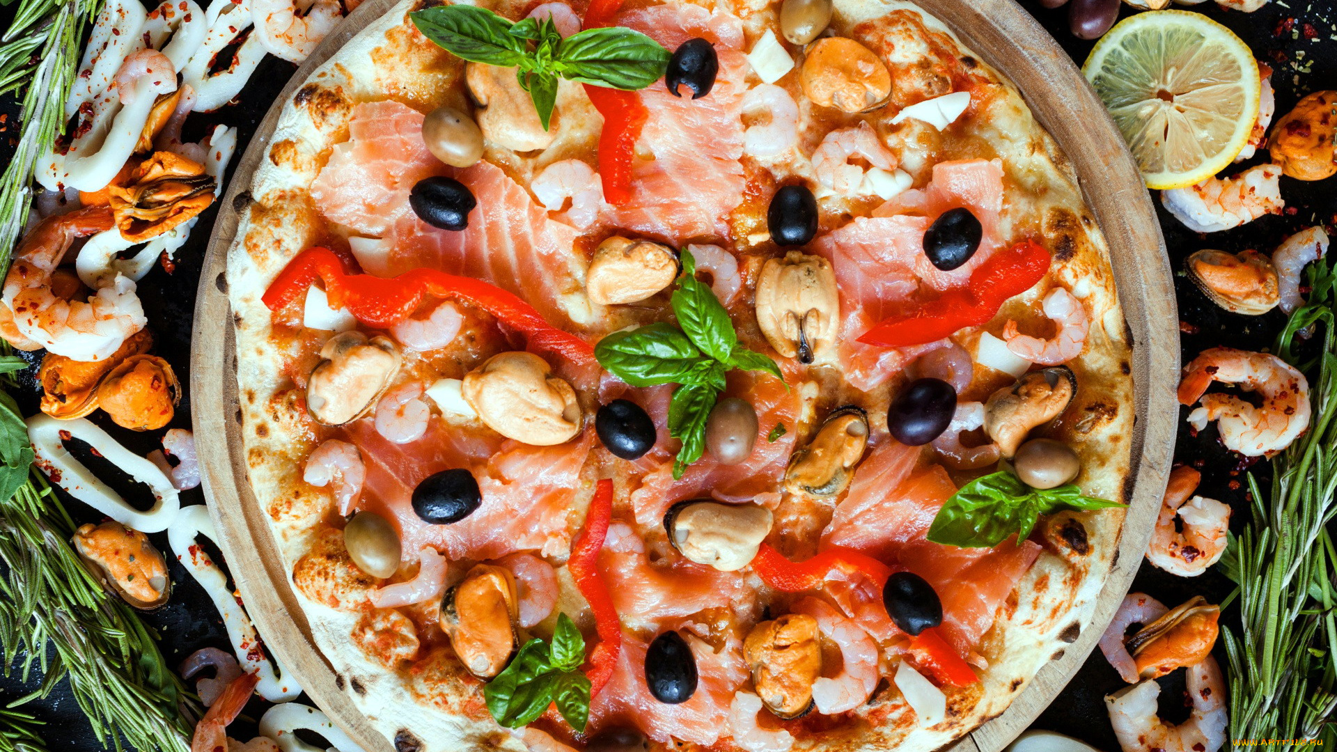еда, пицца, мидии, креветки, базилик, розмарин