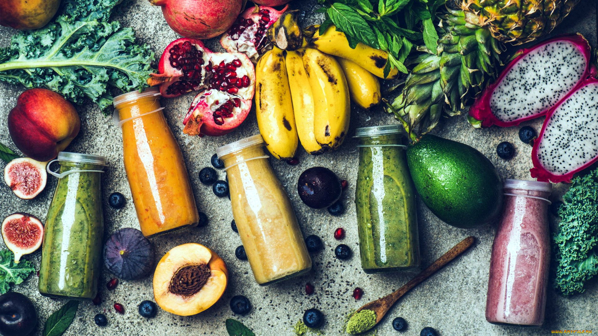 еда, разное, ананас, гранат, маракуйя, авокадо, смузи