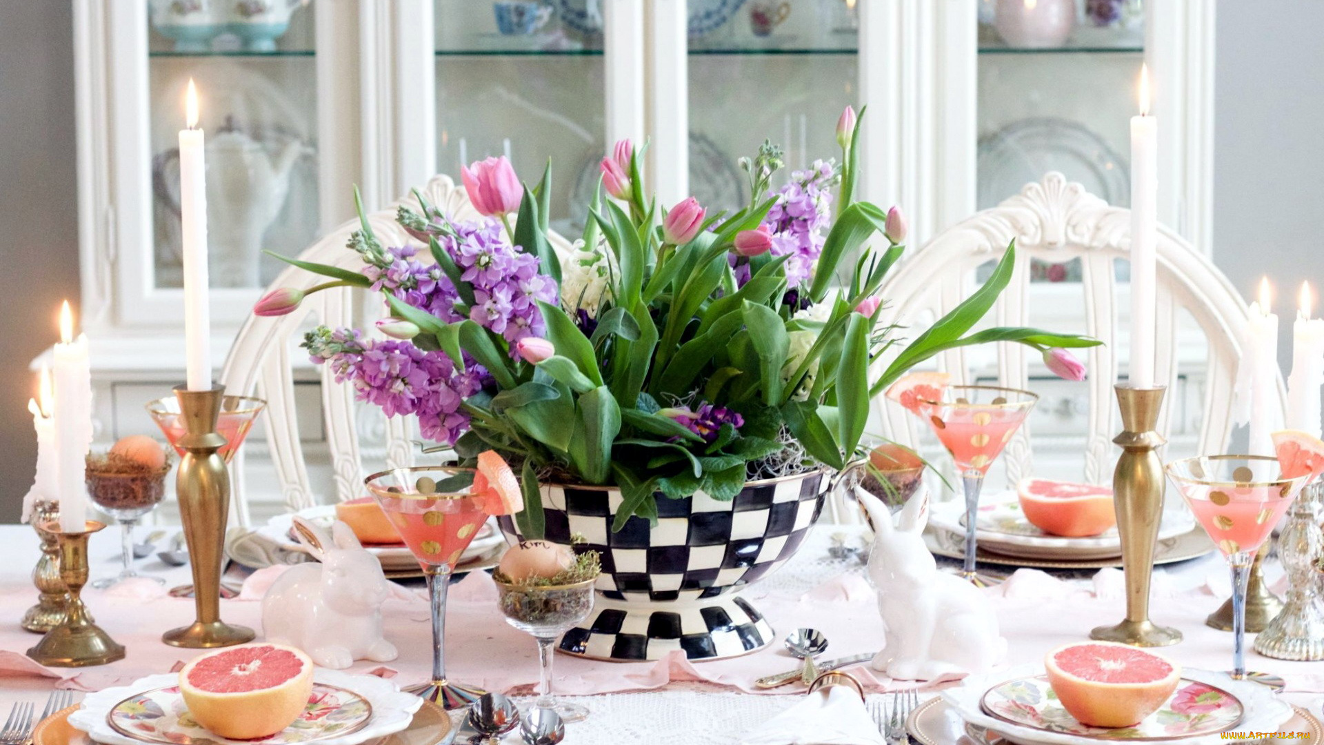 еда, сервировка, приборы, свечи, букет