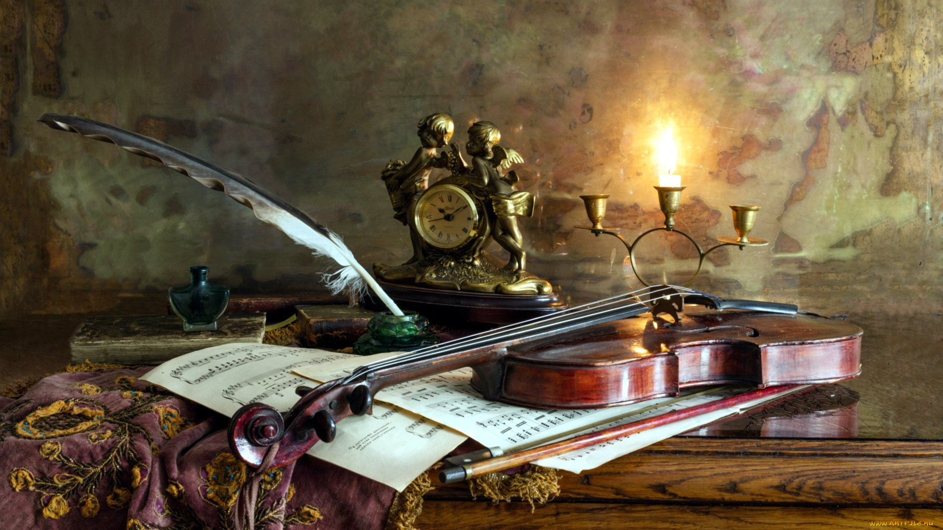 музыка, -музыкальные, инструменты, часы, скрипка