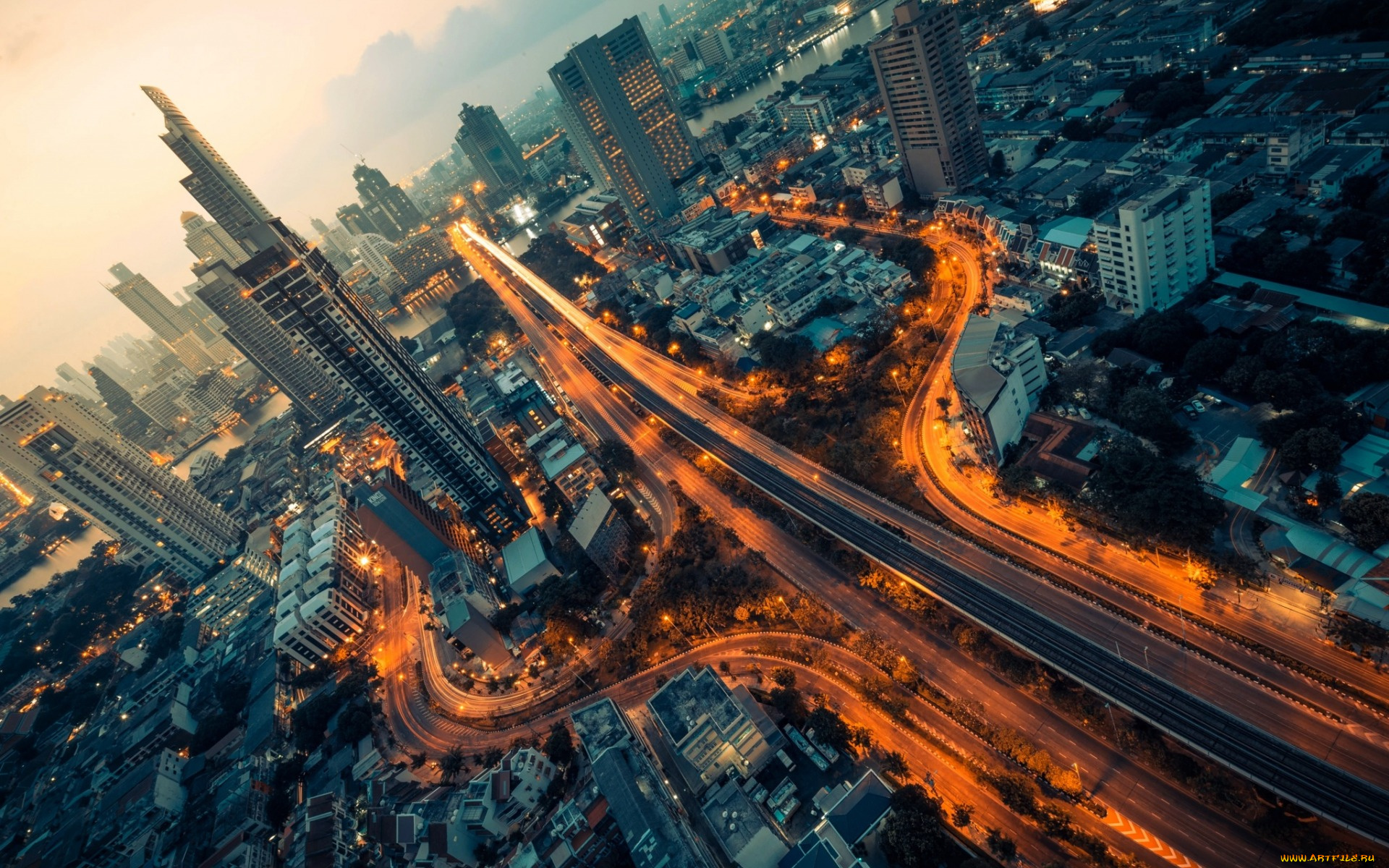 бангкок, тайланд, города, бангкок, , таиланд, skyscrapers, thailand, город, bangkok, небоскребы, city, lights, evening, sunset, закат, автострада, motorway, столица, the, capital, of, крунгтеп