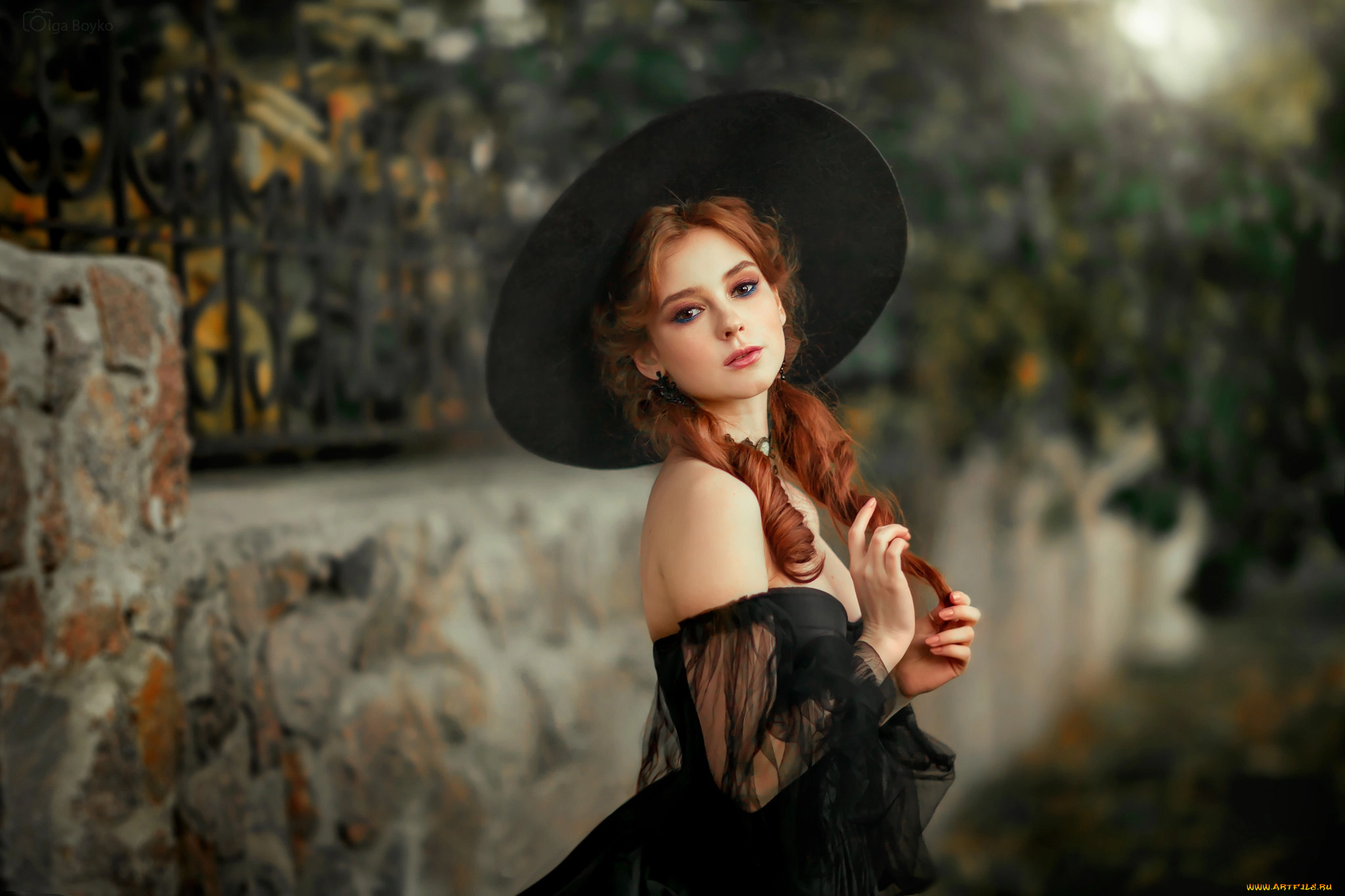 девушки, -unsort, , рыжеволосые, и, другие, рыжая, hat, women, черное, платье, outdoors, redhead, шляпа