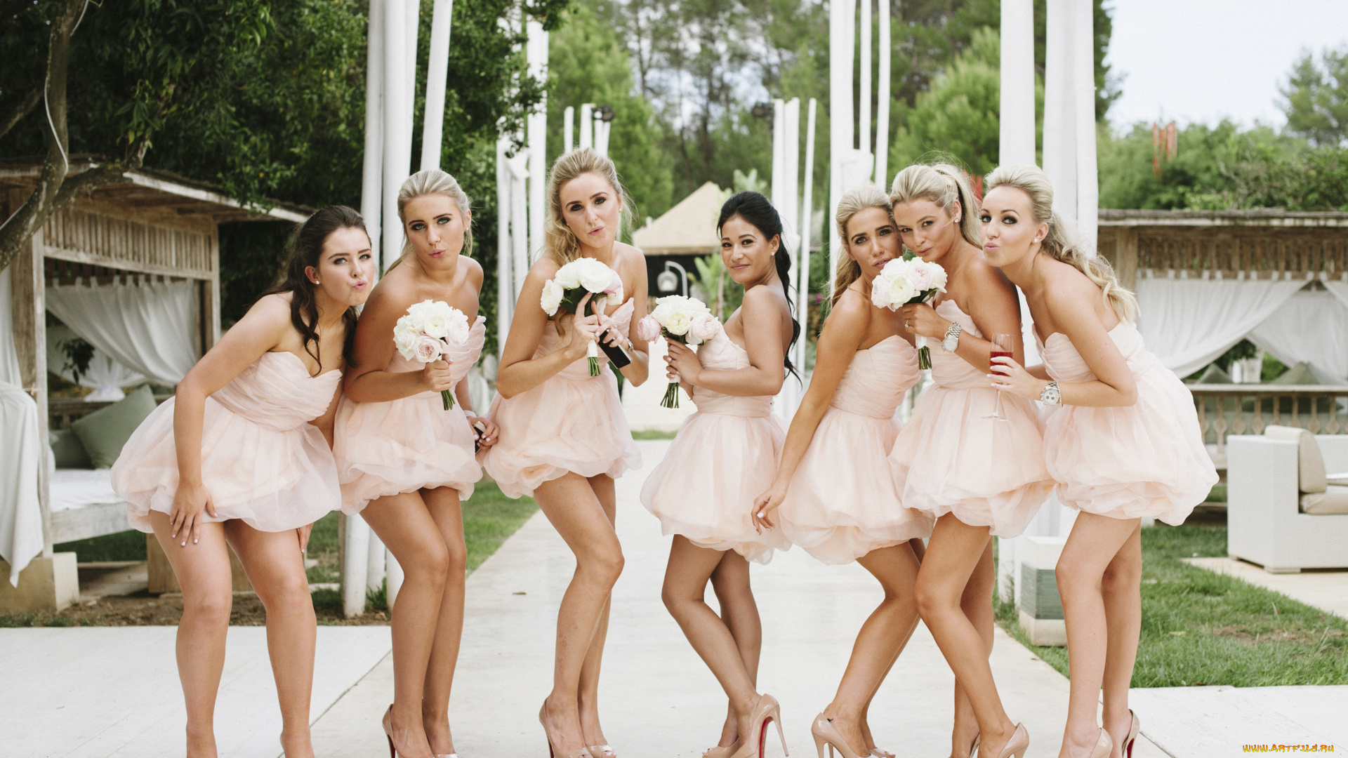 девушки, -unsort, , группа, девушек, девичник, цветы, позы, группа