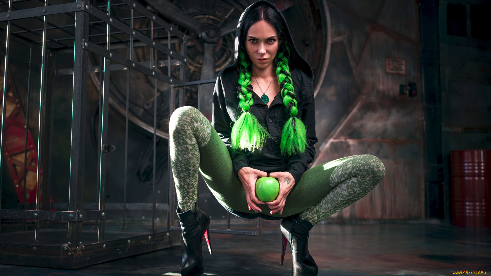 девушки, -, креатив, , косплей, яблоко, зеленые, волосы, клетка