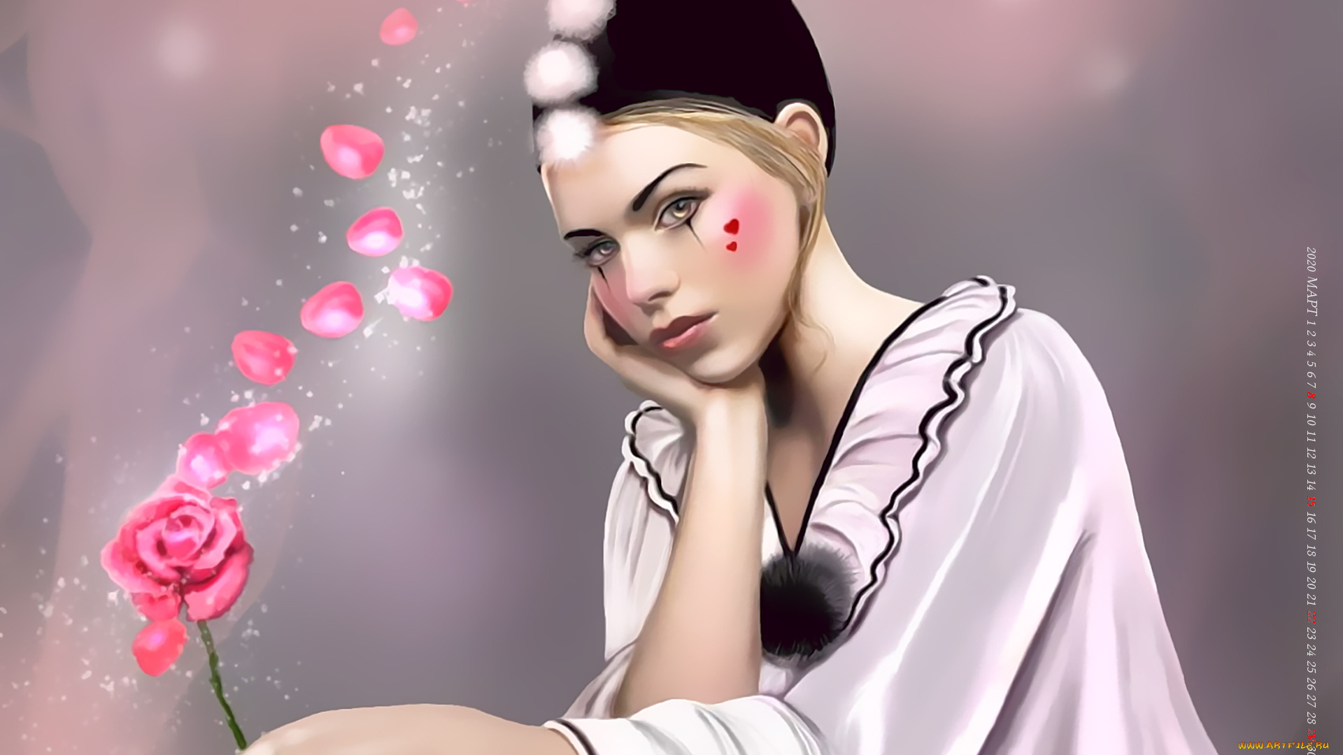 календари, фэнтези, девушка, цветок, лепестки, пьеро, взгляд, calendar, 2020