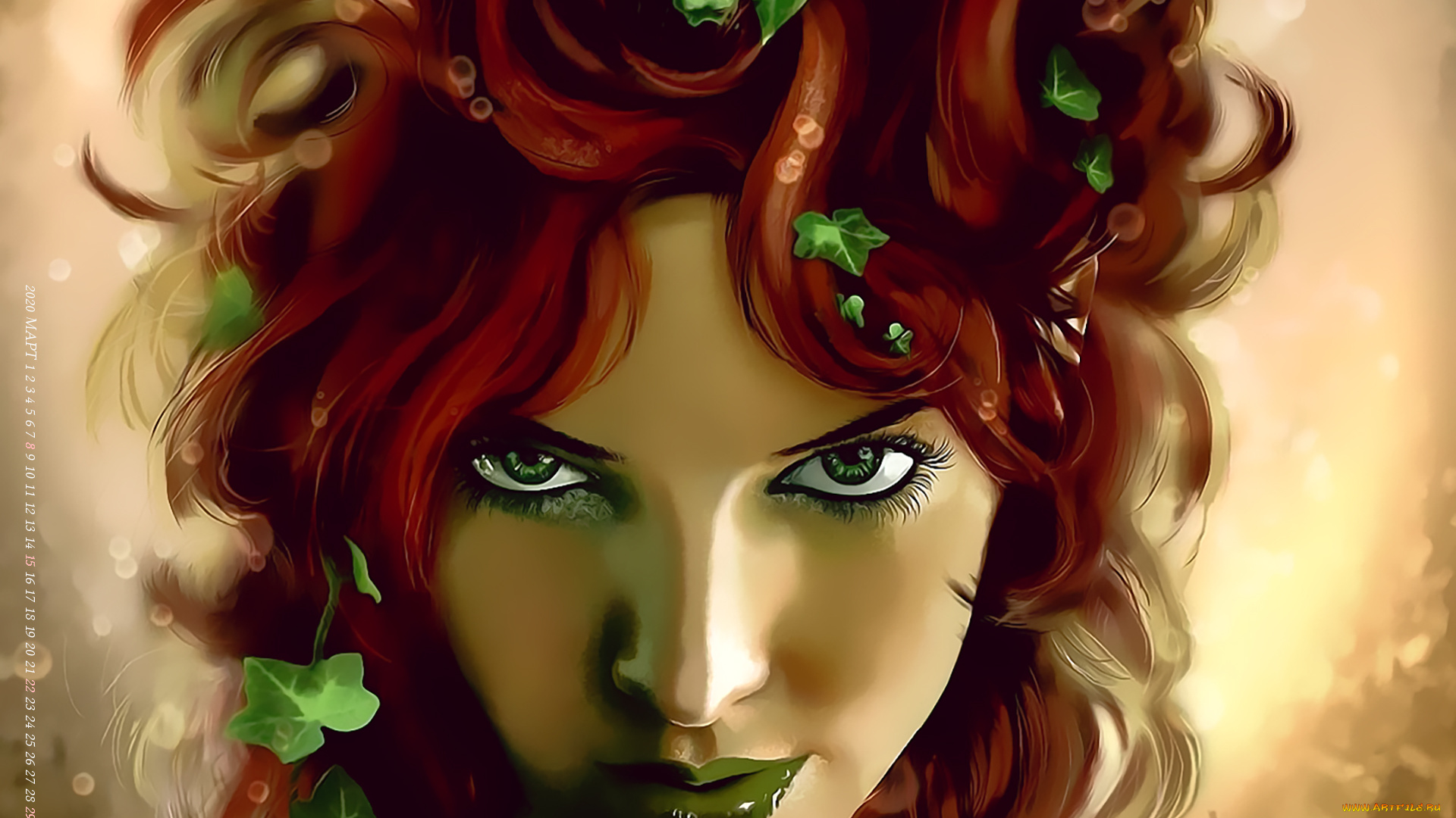 календари, фэнтези, листья, боке, женщина, лицо, взгляд, девушка, фон, calendar, 2020