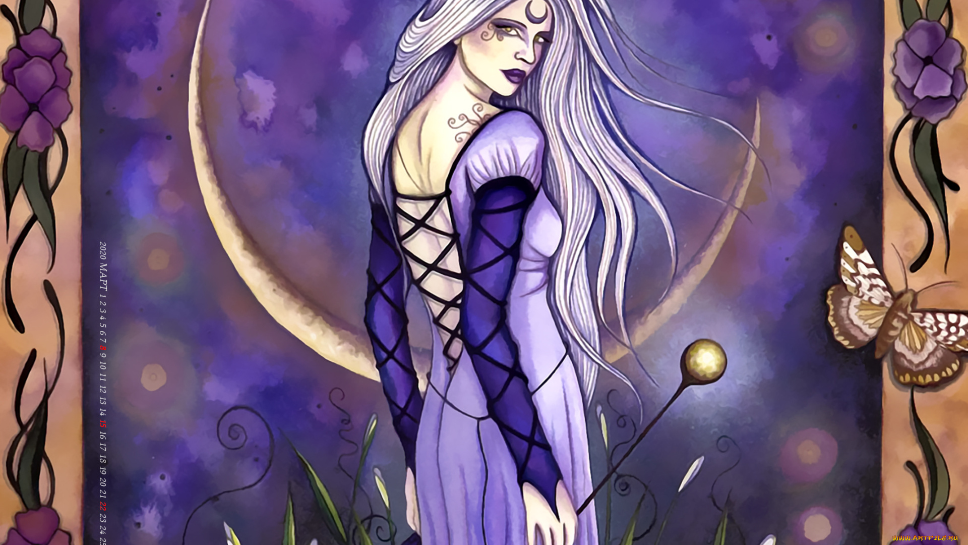 календари, фэнтези, женщина, бабочка, цветы, девушка, взгляд, calendar, 2020