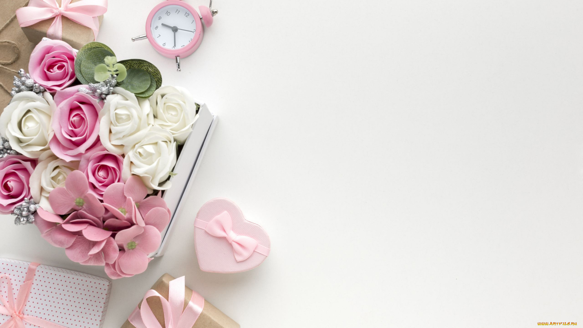 праздничные, подарки, и, коробочки, будильник, подарок, цветы