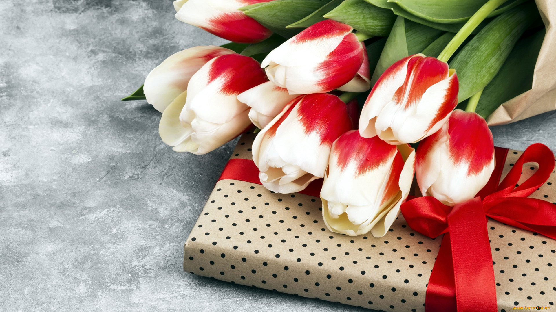 праздничные, подарки, и, коробочки, тюльпаны, подарок, лента, бант