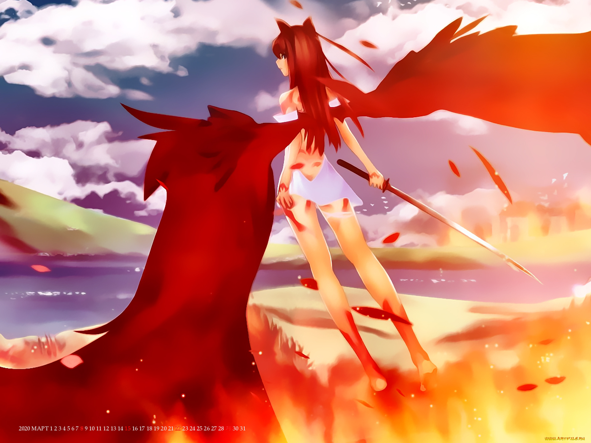 календари, аниме, крылья, красный, девушка, оружие, calendar, 2020