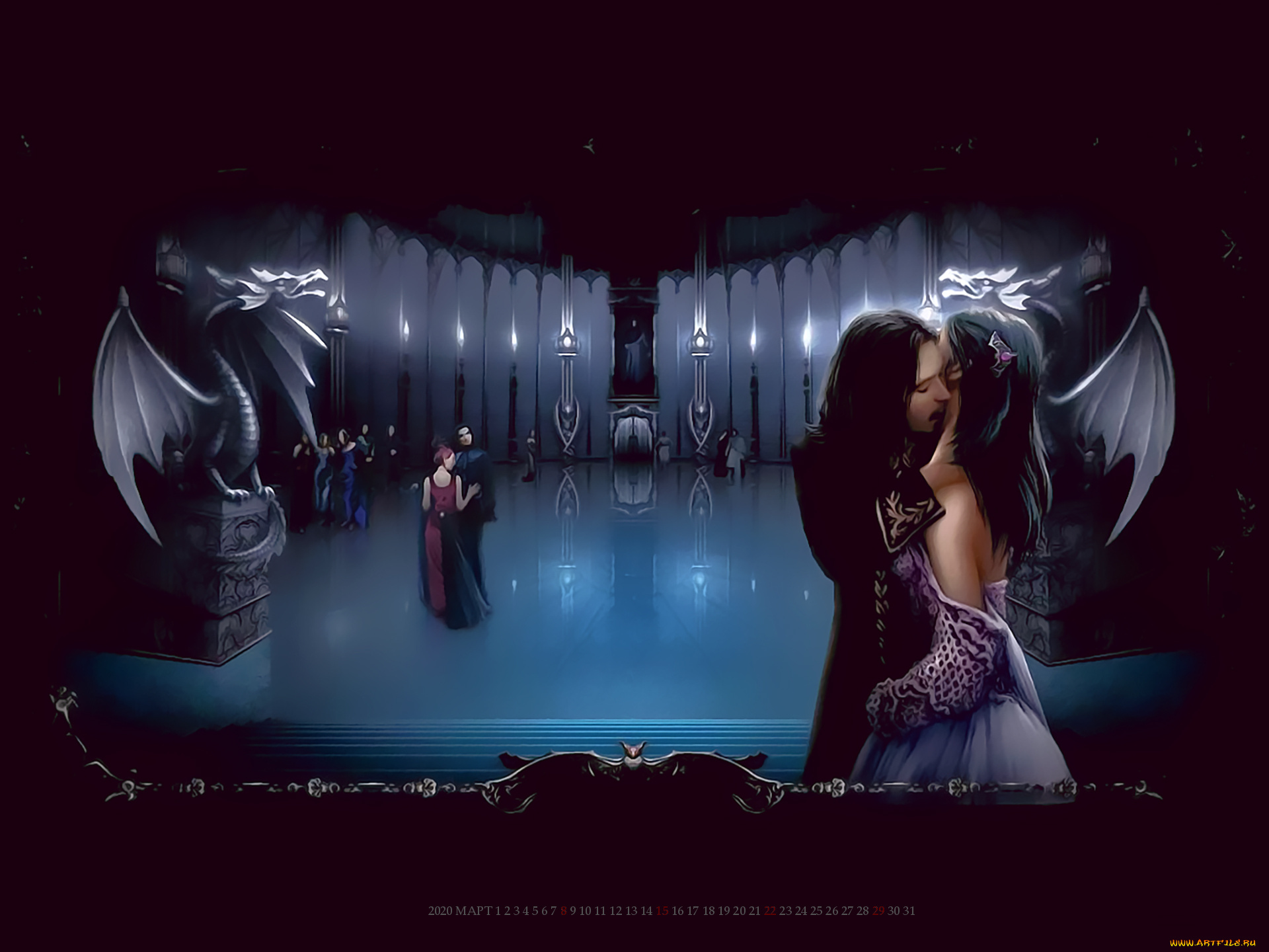 календари, фэнтези, вампир, зал, люди, дракон, скульптура, calendar, 2020