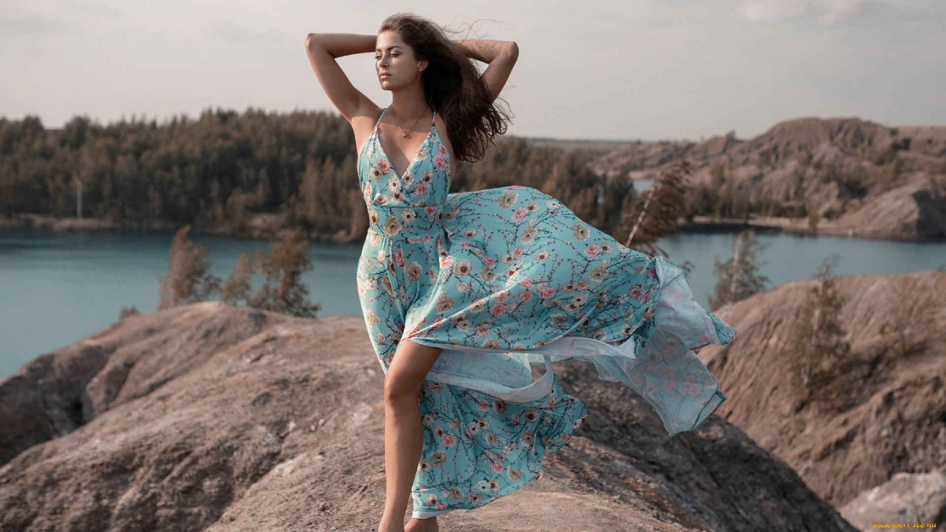 девушки, -, брюнетки, , шатенки, брюнетка, горы, озеро, шелковое, платье