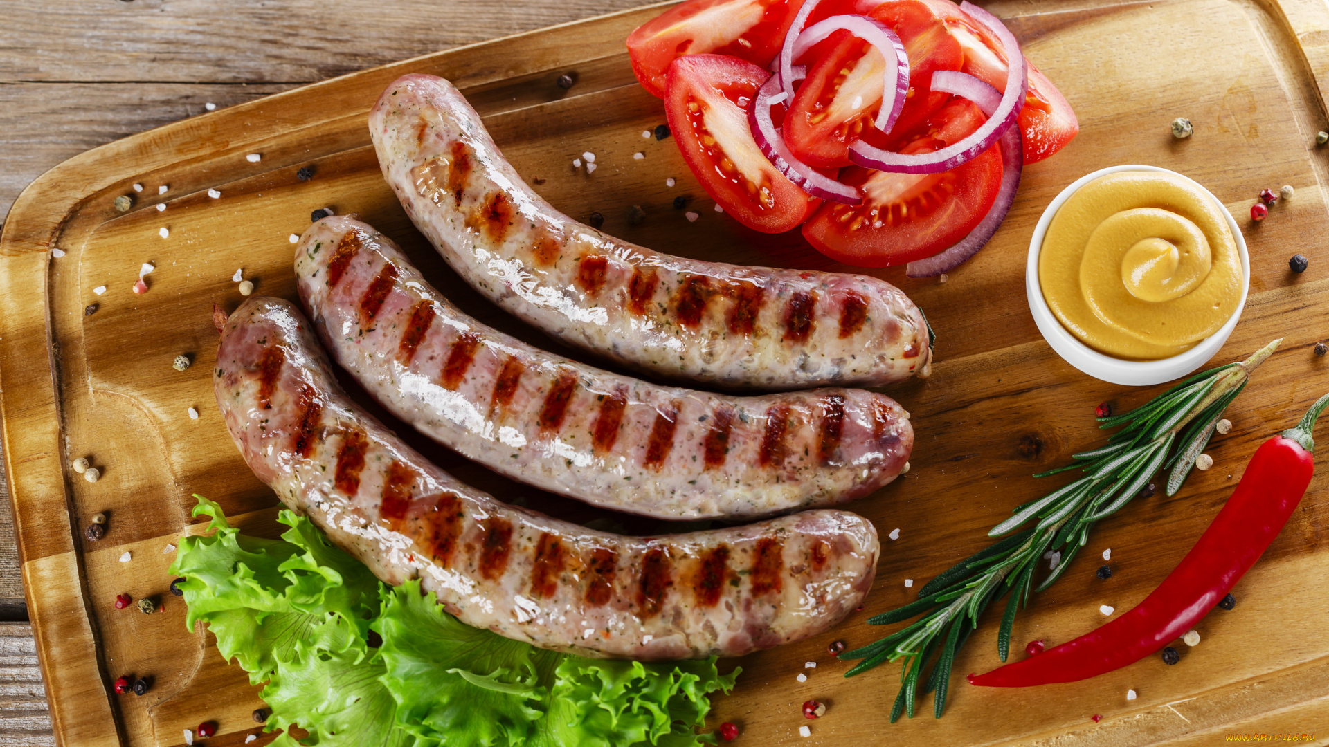 еда, колбасные, изделия, помидор, горчица, жареные, колбаски, острый, перец, розмарин
