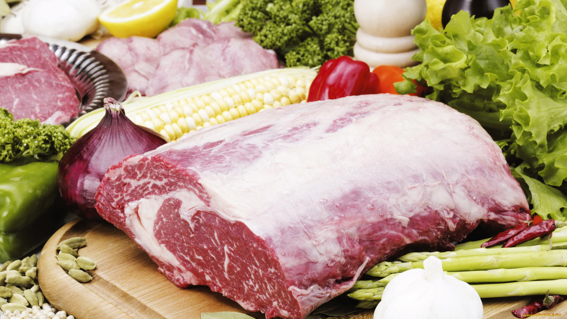 еда, мясные, блюда, спаржа, лук, мясо, свежее