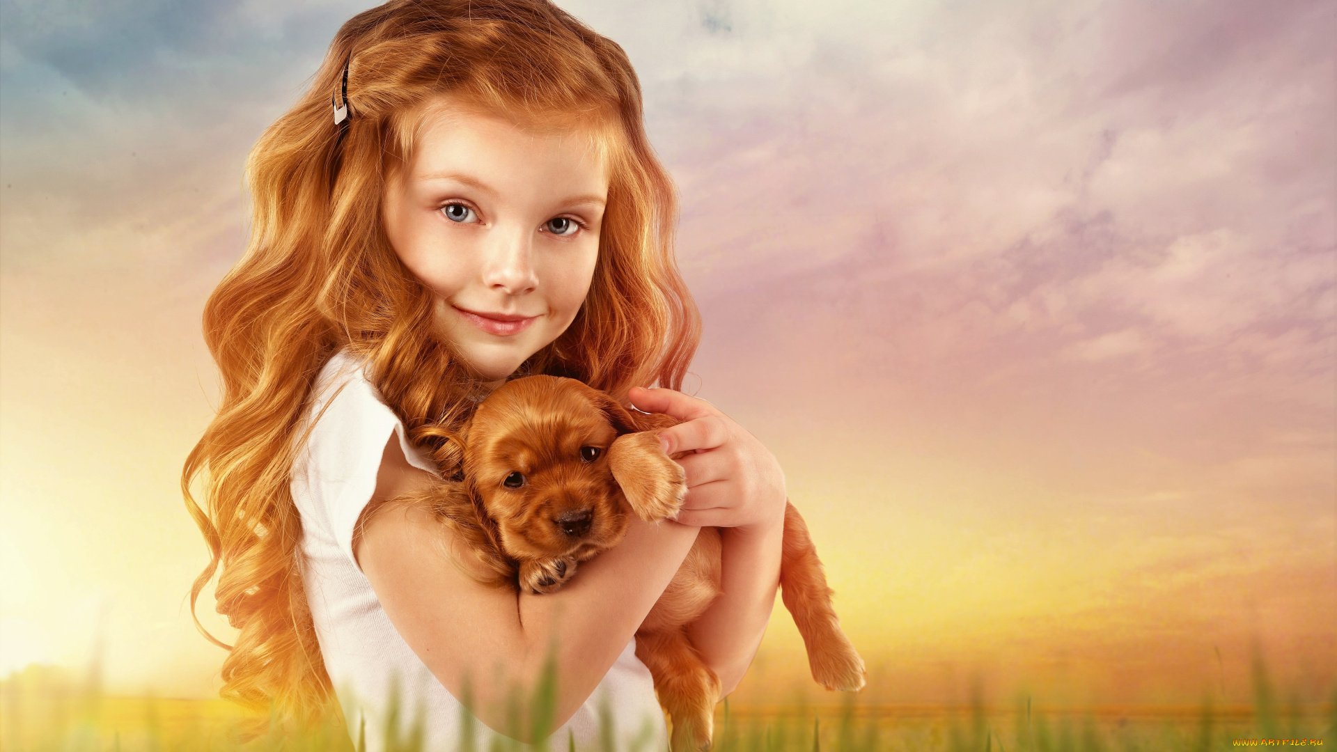 разное, дети, девочка, рыжая, щенок, трава