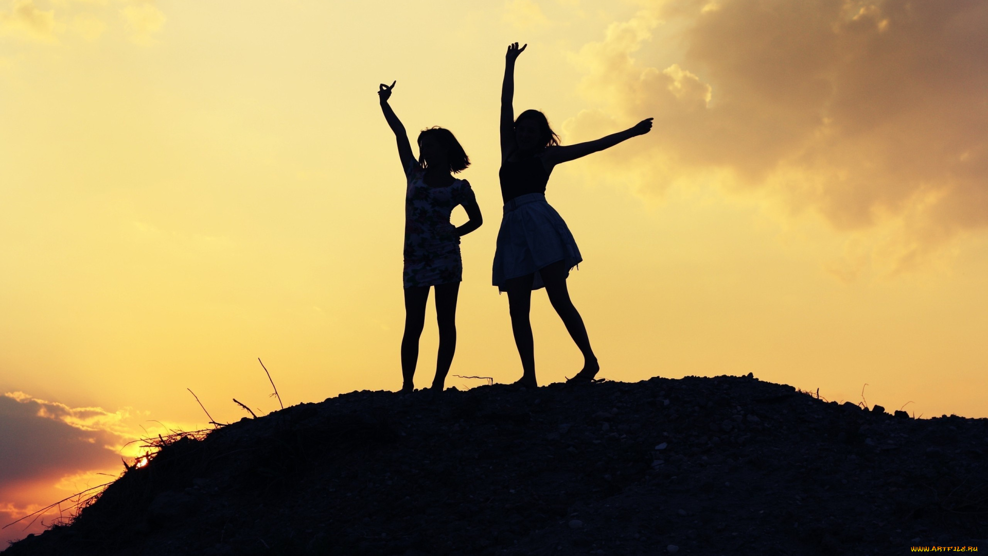разное, люди, девушки, силуэты, закат, холм