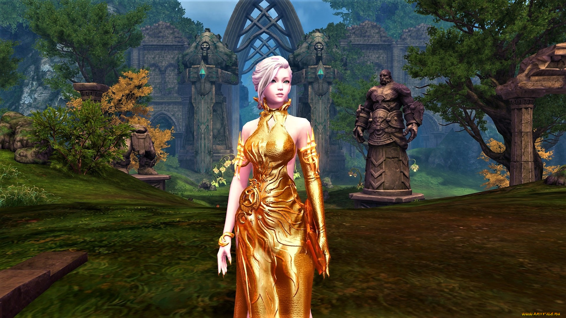 видео, игры, aion, девушка, парк, статуя