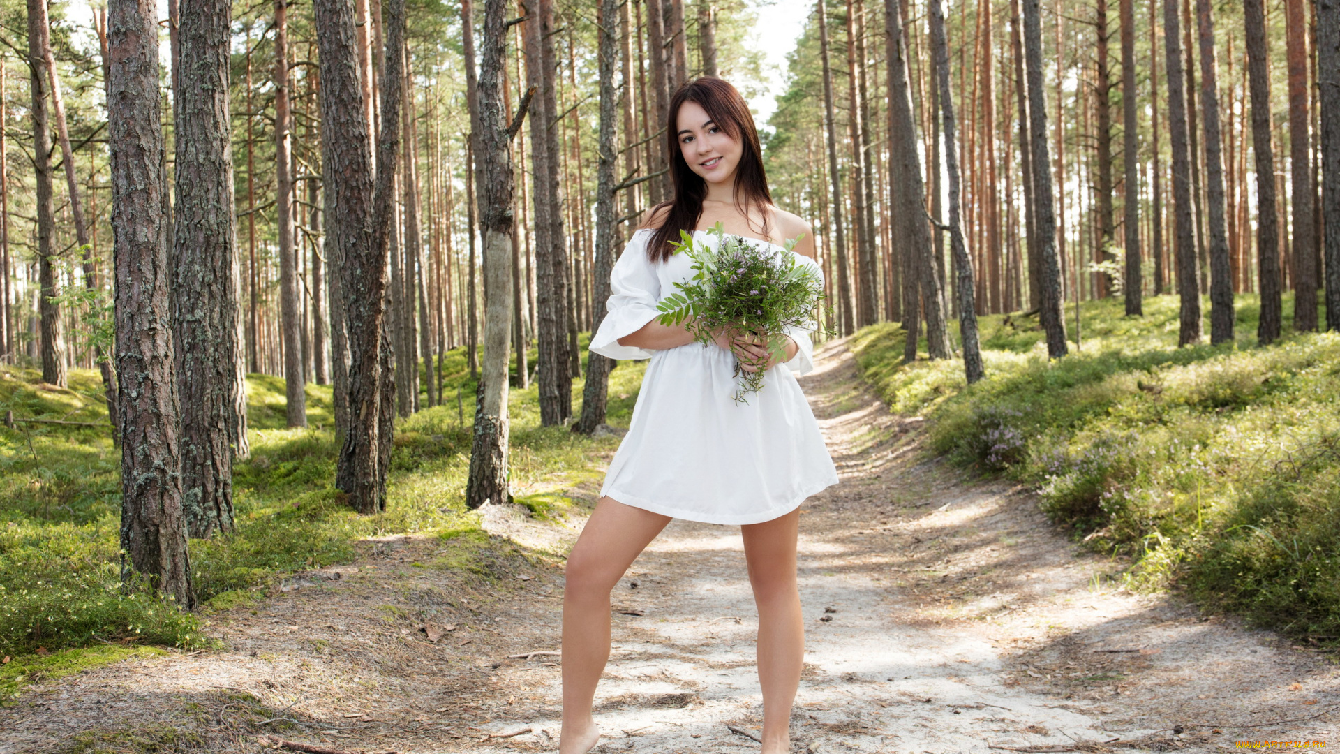 девушки, -, брюнетки, , шатенки, брюнетка, лес, букет