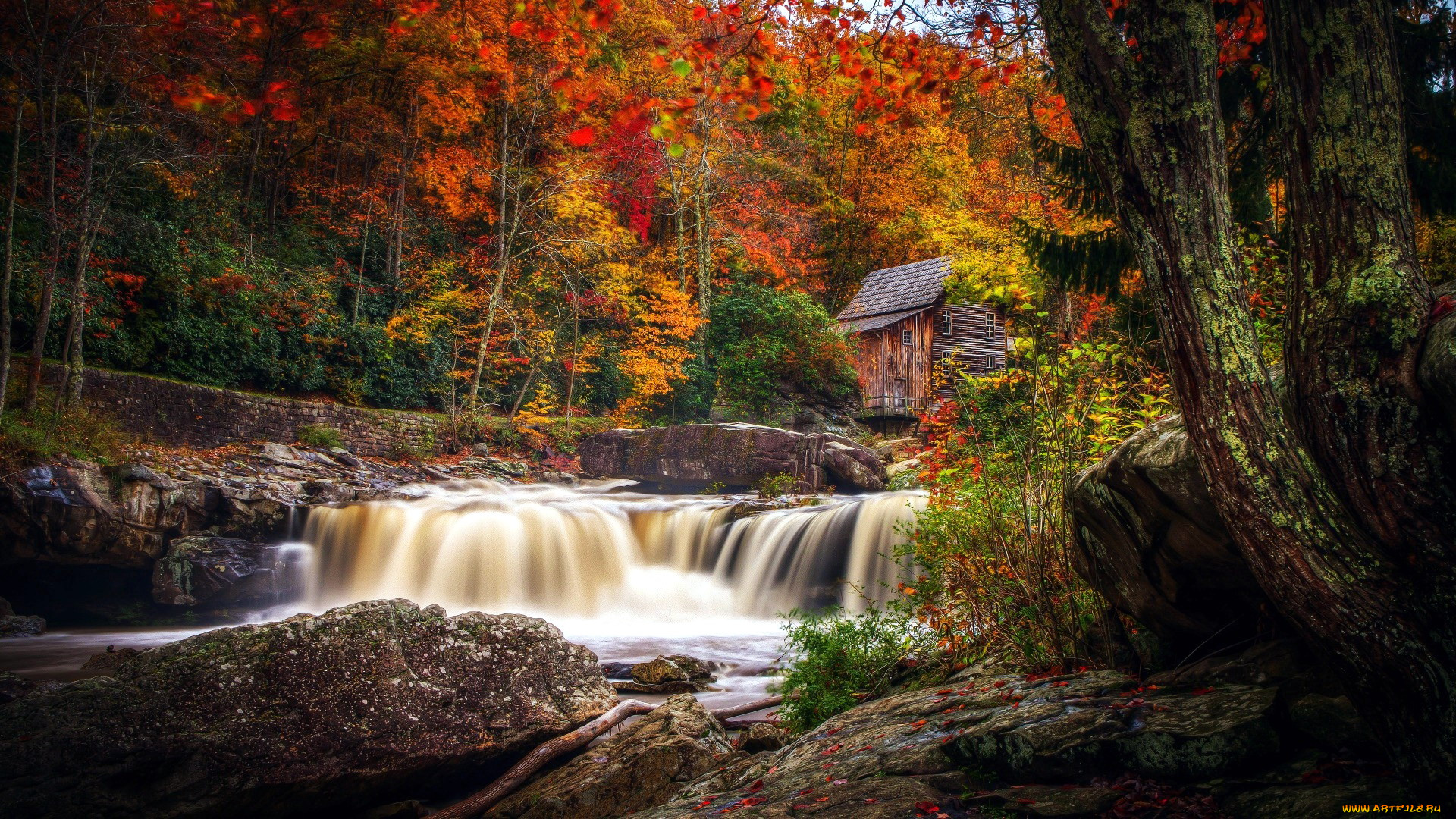 разное, мельницы, деревянная, мельница, лес, осень