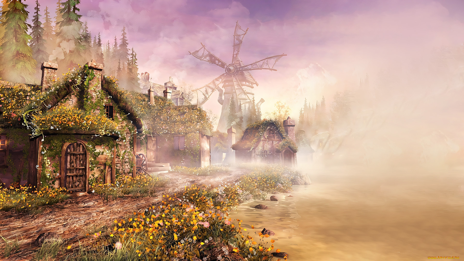 295738, рисованное, города, домик, у, реки