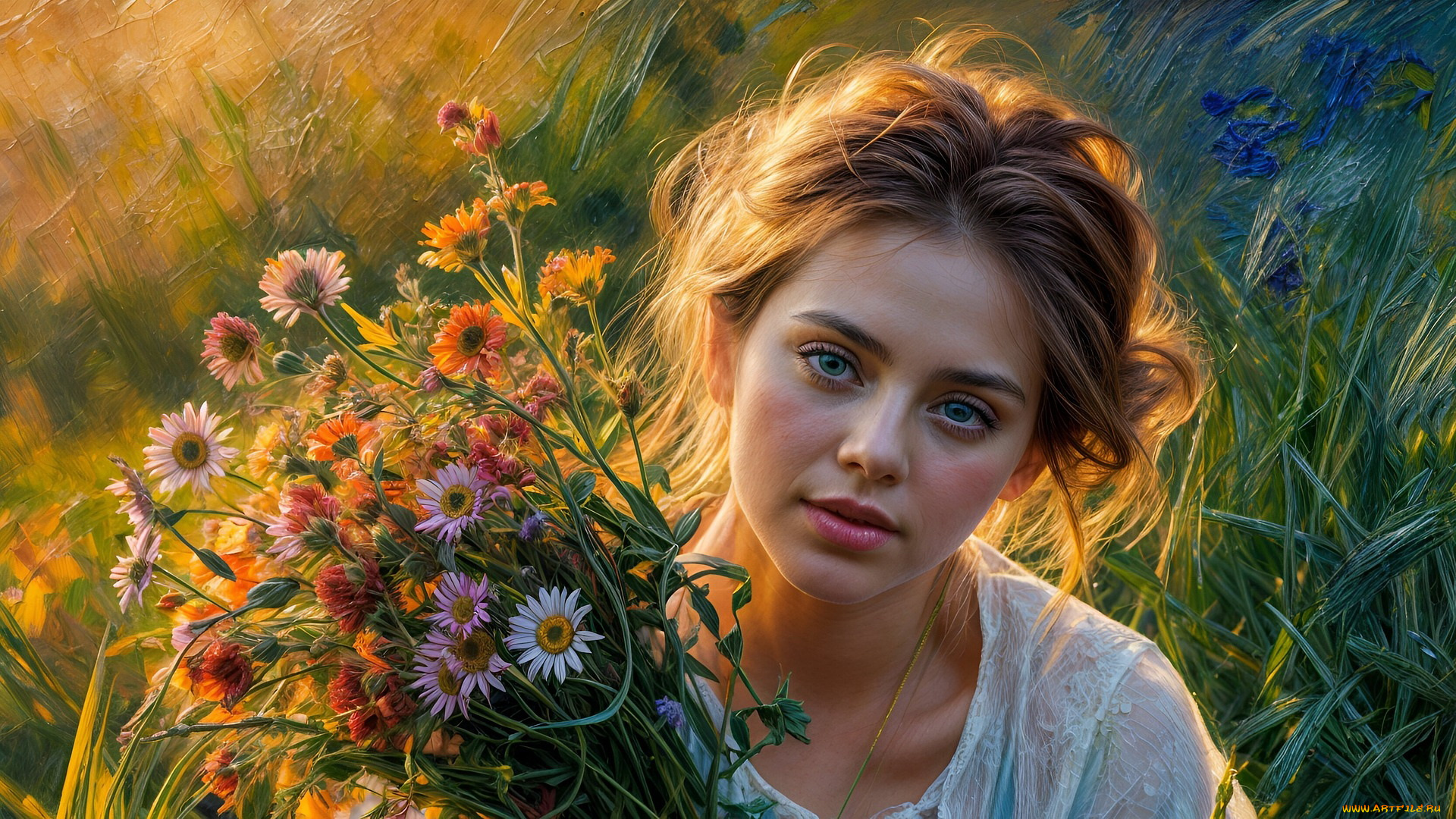 3д, графика, портреты, и, лица, , portraits, and, faсes, рыженькая, полевые, цветы