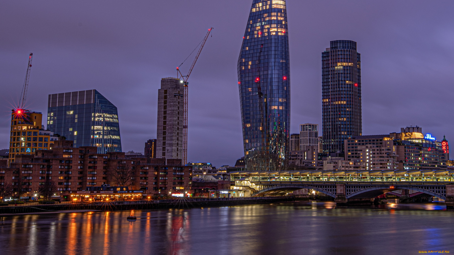 города, лондон, , великобритания, река, мост, вечер, огни