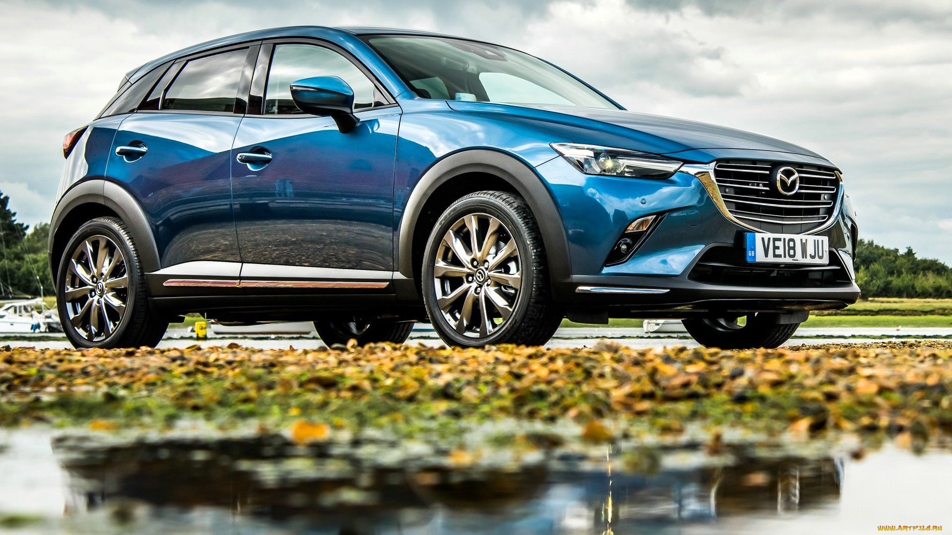 mazda, cx-3, автомобили, mazda, синий, лужа, листья