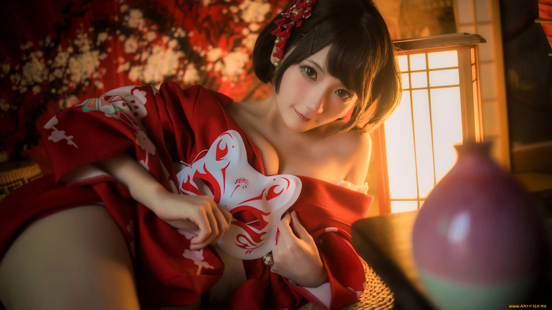 shi, san, девушки, -, азиатки, образ, наряд, маска, ваза