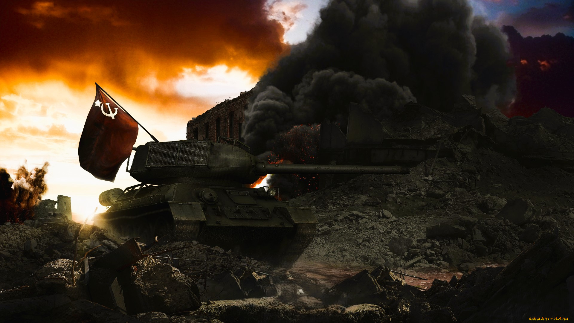 видео, игры, world, of, tanks, танк, флаг, развалины, дым