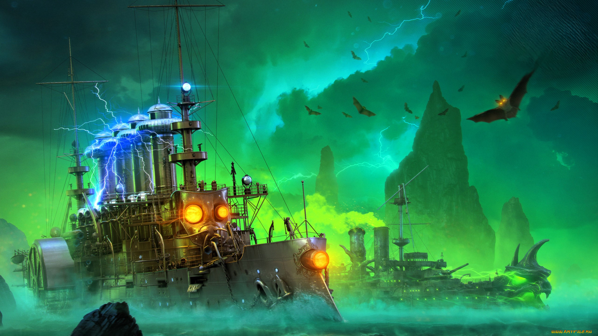 видео, игры, world, of, warships, корабли, фэнтези, энергия, море, скалы, летучие, мыши