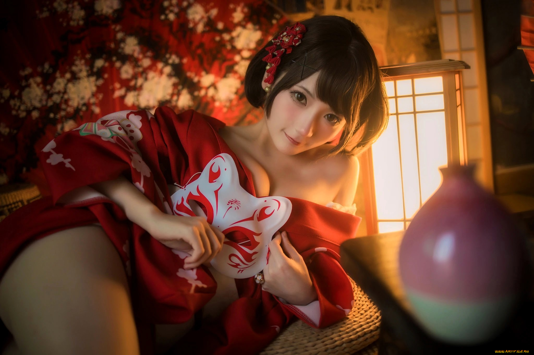 shi, san, девушки, -, азиатки, образ, наряд, маска, ваза