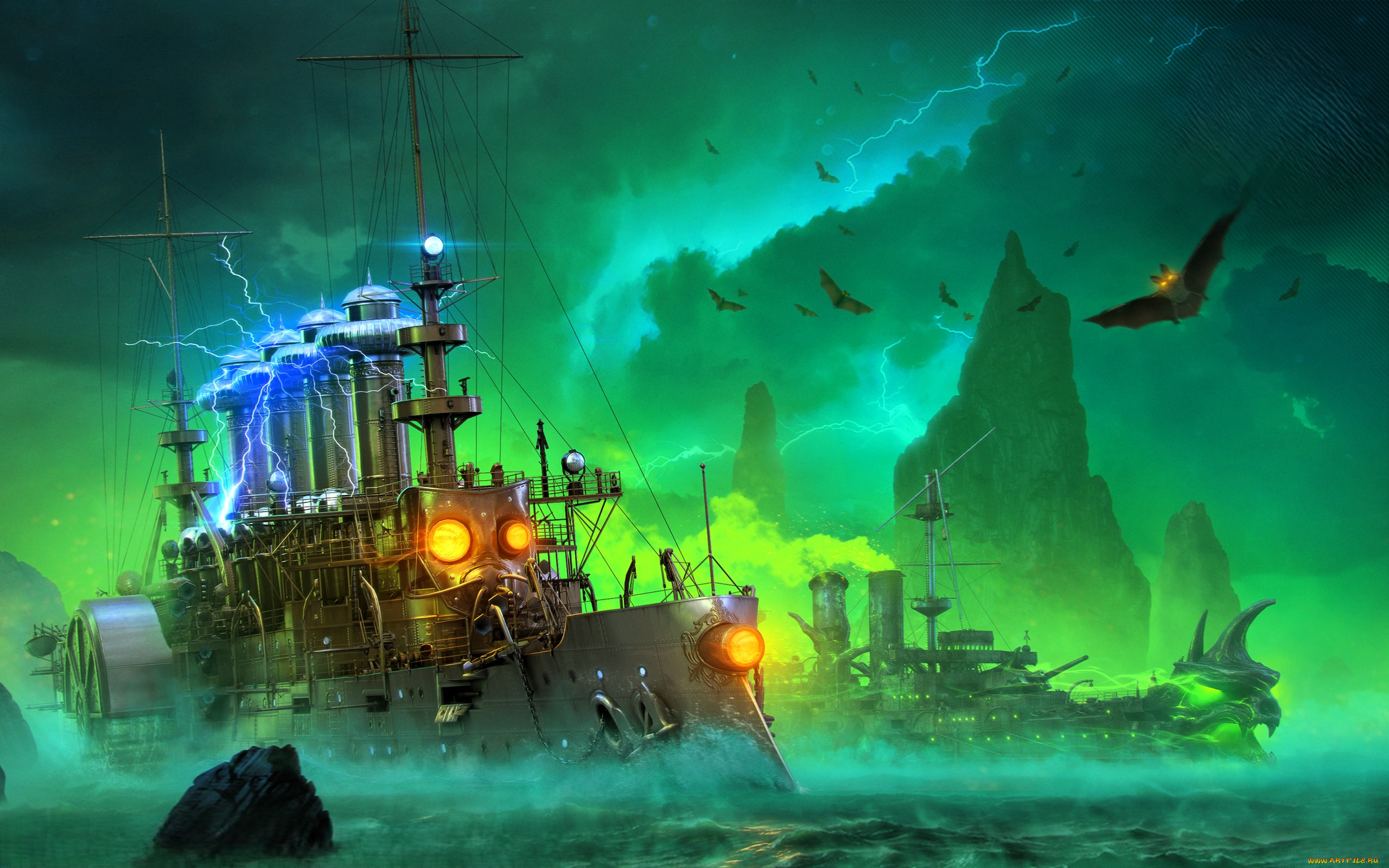 видео, игры, world, of, warships, корабли, фэнтези, энергия, море, скалы, летучие, мыши