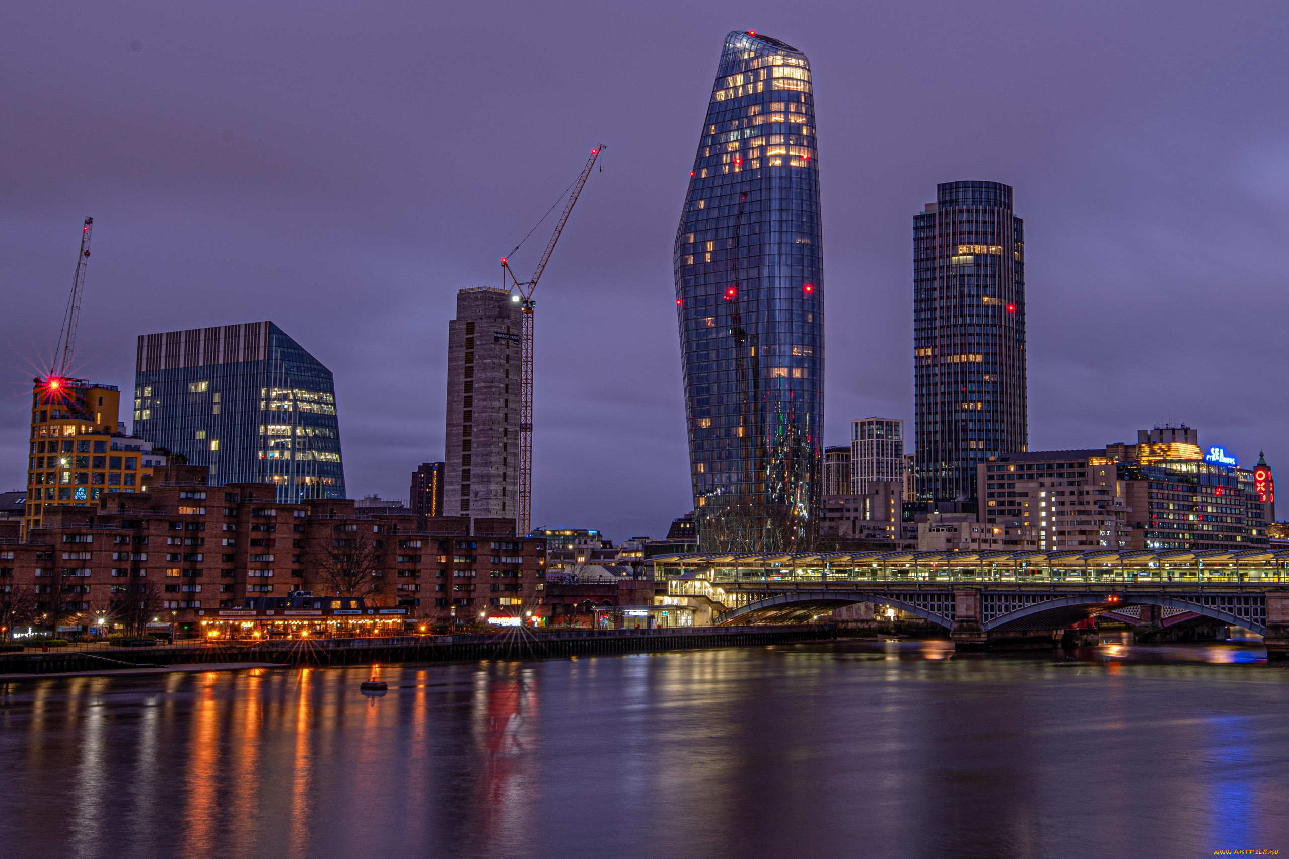 города, лондон, , великобритания, река, мост, вечер, огни