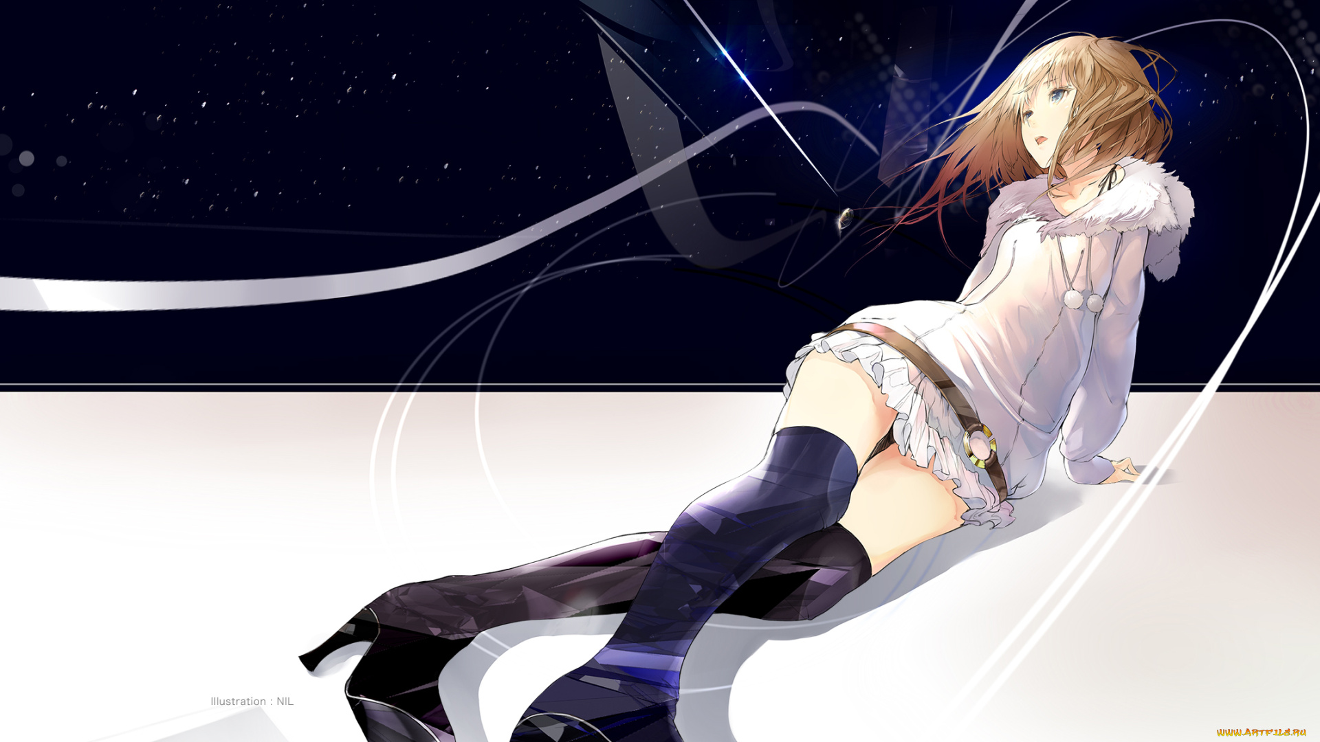 аниме, *unknown, другое, голубые, глаза, девушка, короткие, волосы, ветер, ночное, небо, платье