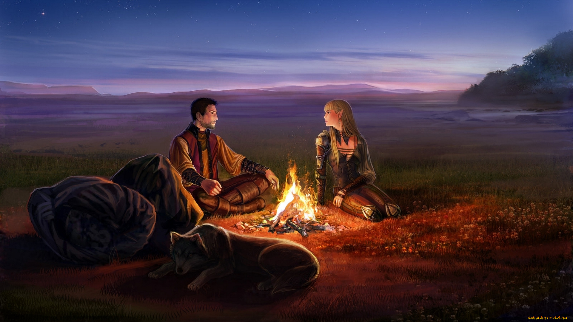 фэнтези, эльфы, эльфийка, собака, костёр, мужчина
