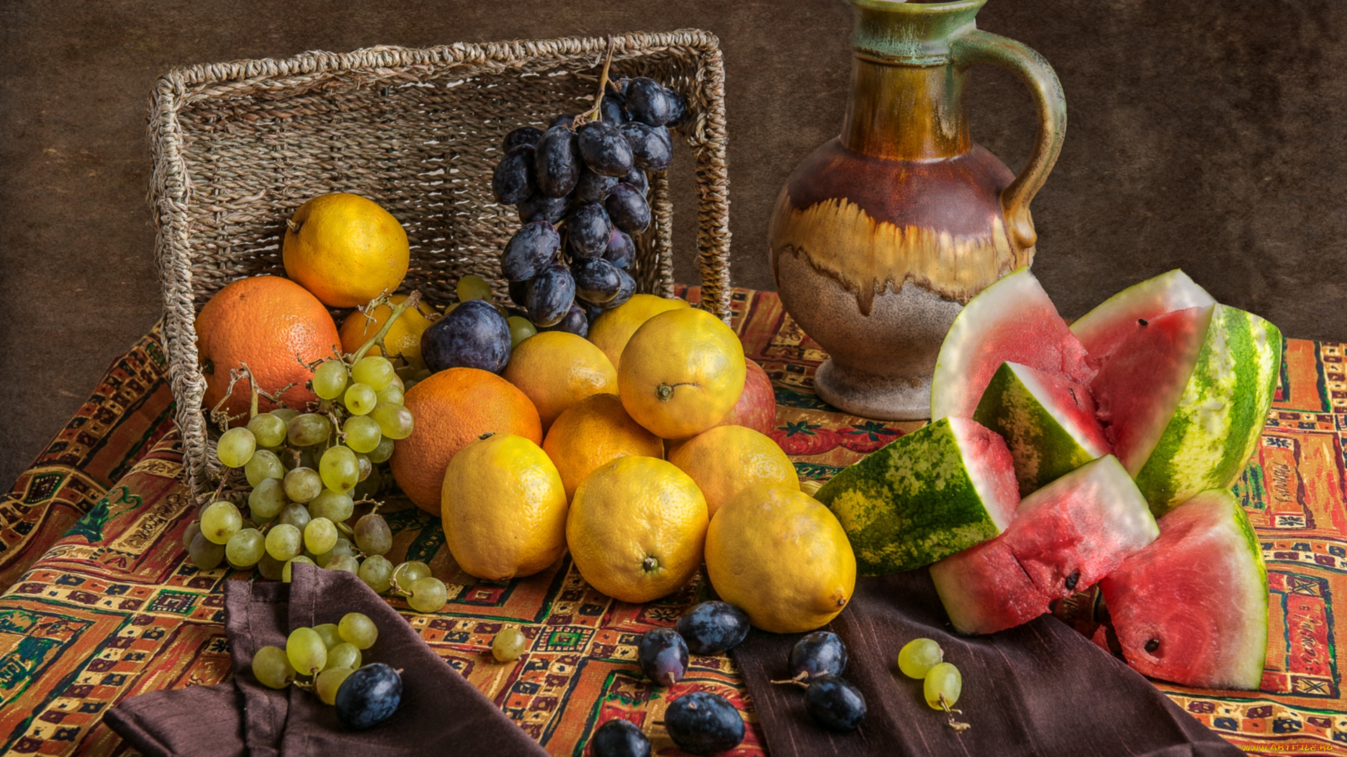 еда, натюрморт, лимоны, арбуз, апельсины, кувшин, виноград