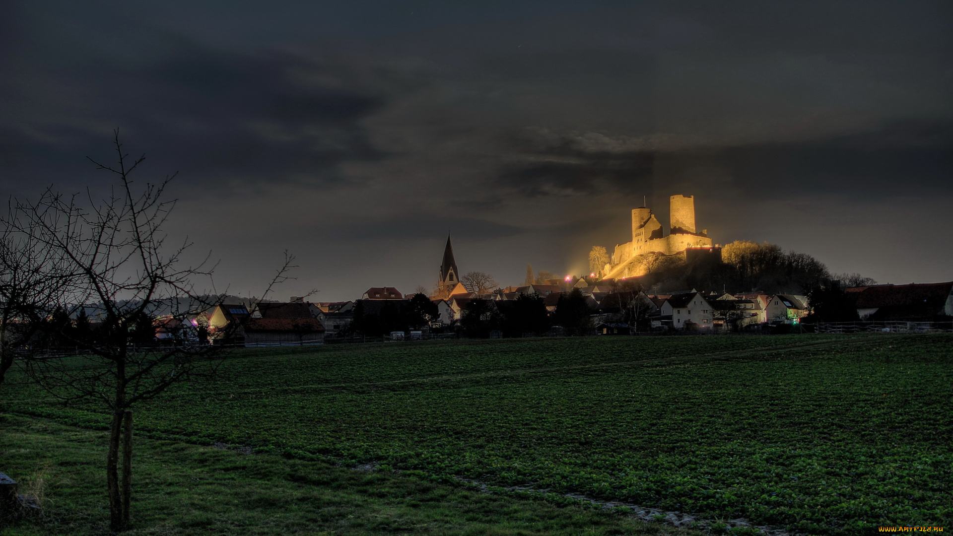 германия, гессен, мюнценберг, города, огни, ночного