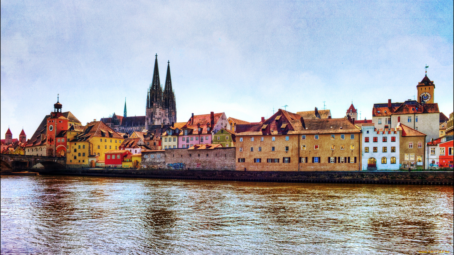 города, регенсбург, германия, собор, дома, река