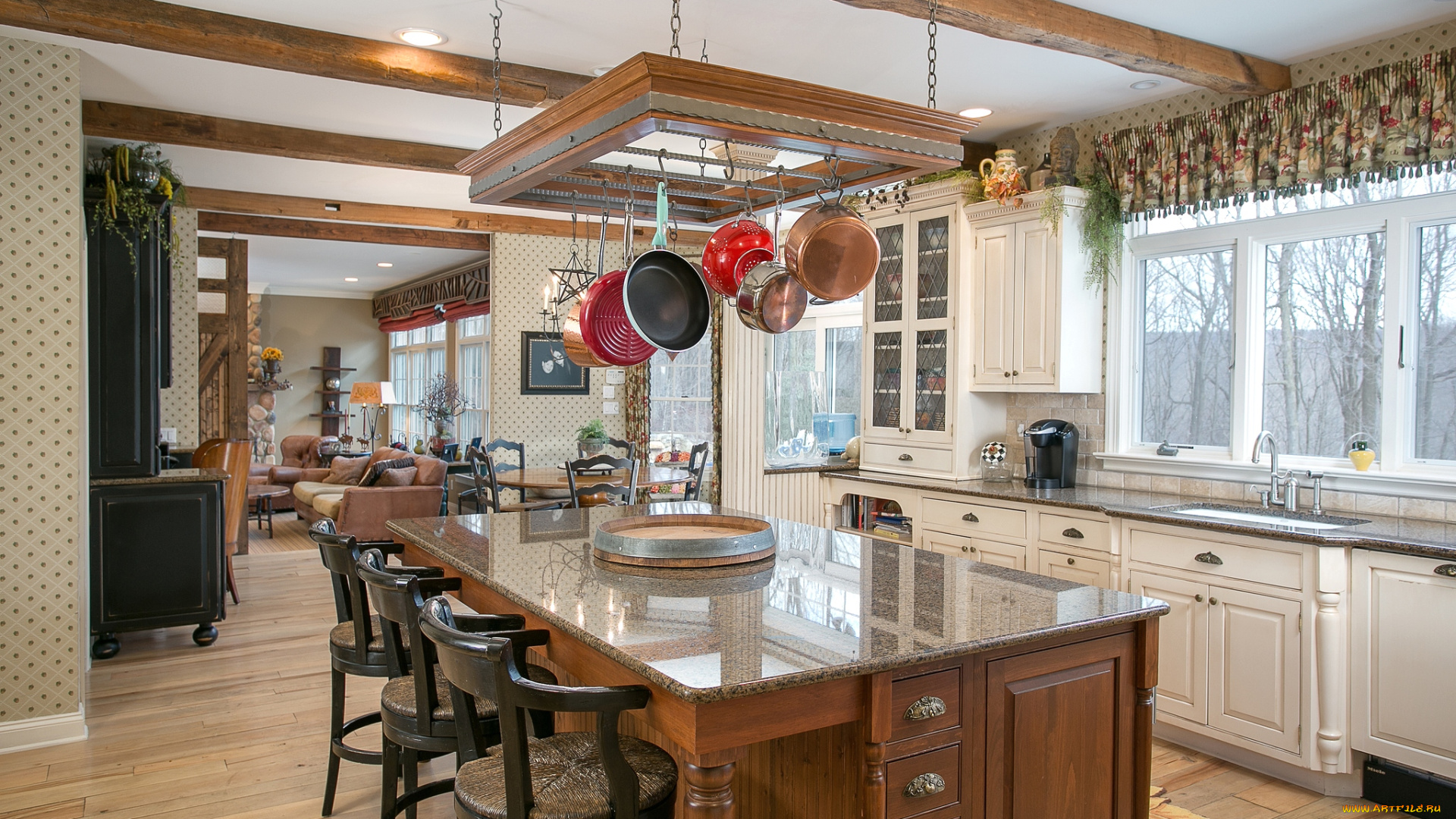 интерьер, кухня, стулья, сковородки, стол