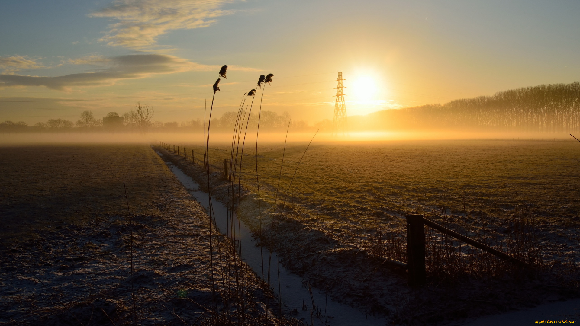 природа, восходы, закаты, поле, ров, туман, рассвет