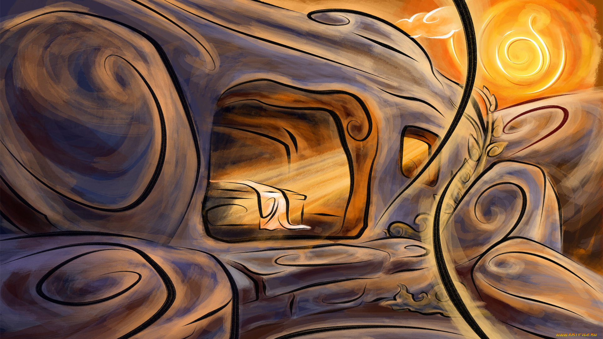 векторная, графика, пещера, воскресение